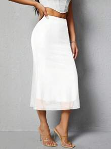 SHEIN PETITE Váy viền nàng tiên cá màu trơn dành cho nữ - trắng - Xem 4