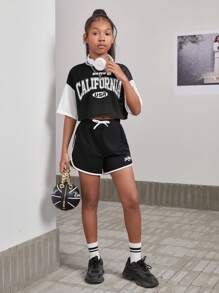 SHEIN Tween Girls' Stylish Knit Flat Machine Letter Printed Round Neck Short Sleeve Top And Sports Shorts Set For Spring And Summer - Black - View 5