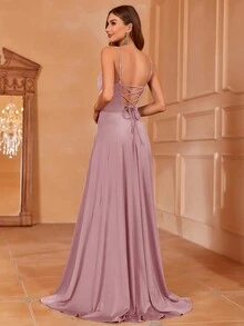 Faeriesty 垂坠领露背系带吊带伴娘礼服 - 藕粉色 - 查看 3