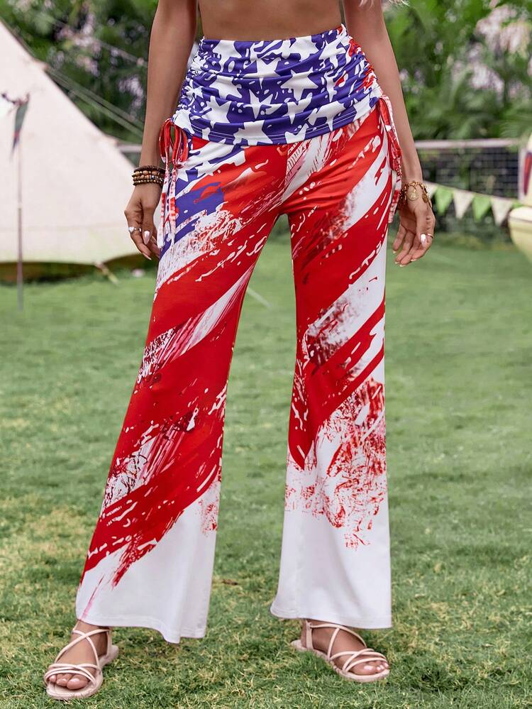 Women's American Flag Print High Waist Ruffle Flared Pants