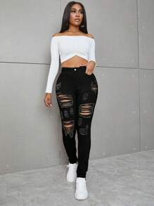 SHEIN SXY Jeans ajustados rotos de talle alto - Negro - Ver 5