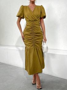 Modelyn Women'S Solid Color Wrap Style Pleated Dress