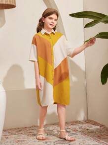 SHEIN Cô gái Tween Lỏng lẻo Khối màu Đứng cổ áo Chiều dài trung bình Váy sơ mi - Nhiều màu - Xem 3