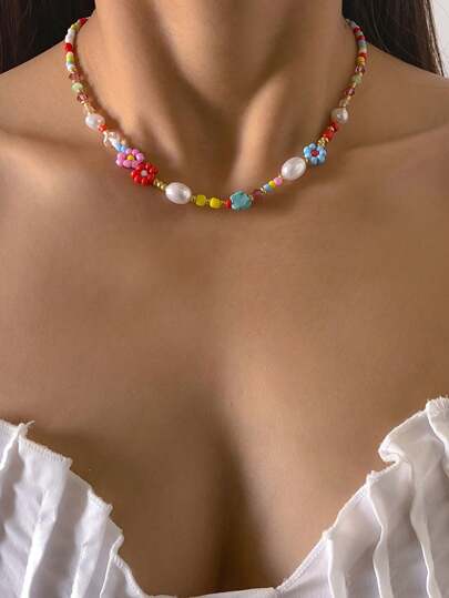 Kawaii 1 pieza Collar para la clavícula con pequeña flor asimétrica de color mixto dulce y fresco para mujer, regalo para san Valentín, mamá, madre, día de la madre