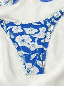 SHEIN Swim Bộ bikini in hoa dành cho nữ đi biển mùa hè - Xanh và trắng - Xem 5