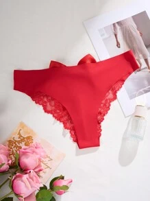 SHEIN ملابس داخلية نسائية عبارة عن بنطلون مصنوع من الدانتيل ذو الزخارف الزهرية ويوجد به رباط مدبب في الخلف - الأحمر - مشاهدة 2