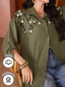 Seusyu Women's Floral Embroidery Long Sleeve Shirt