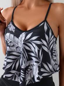 SHEIN Swim Conjunto Tankini de verano con parte superior tipo cami con dobladillo Hanky y estampado de plantas al azar y short de baño lateral con cordón para la playa