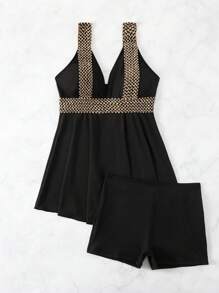 SHEIN Swim 夏季女式拼布编织肩带无吊带比基尼 - 黑色 - 查看 7