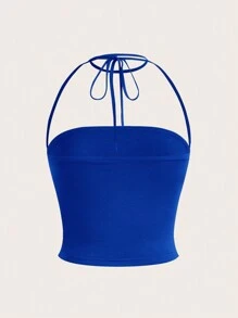 SHEIN EZwear 針織褶皺修身露背背心,帶頸帶 - 寶藍色 - 查看 2