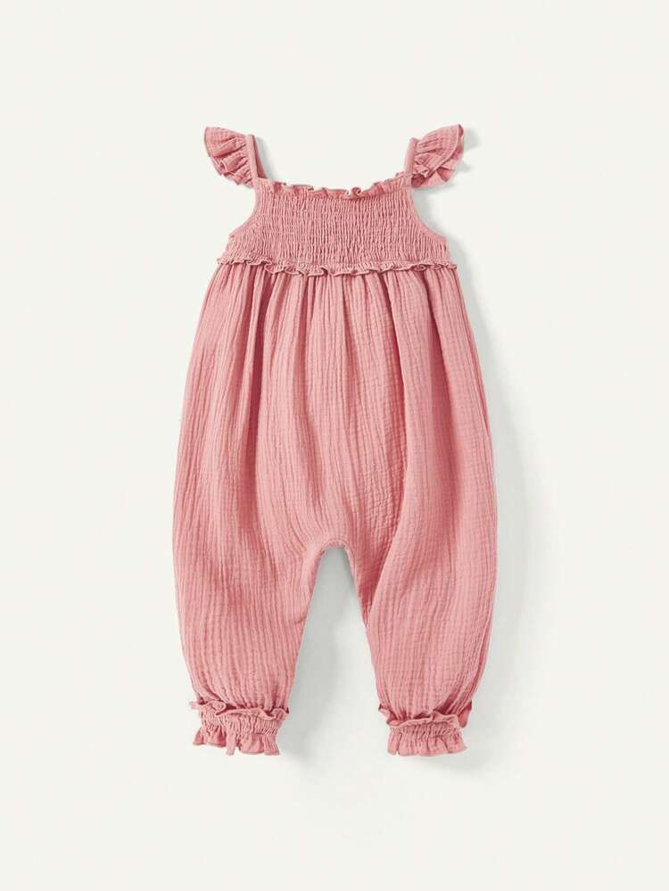 Baby Girl Solid Color Casual Jumpsuit With Ruffle Trim