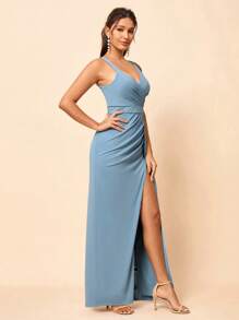 SHEIN Belle Backless High Slit Wedding Dress Elegant Bridesmaid Dress - Dusty Blue - View 4