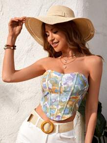 SHEIN VCAY Vacation Style Fishbone Corset Top With Press Lines For Women - Mint Green - View 6