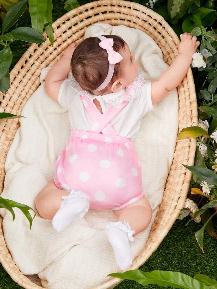 2pcs/Set Baby Girl Casual Cute Rabbit Embroidery Polka Dot & Printed Bodysuit With Lace Trim Top Outfits For Spring And Summer Outdoor Occasions