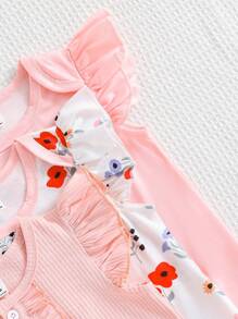 SHEIN Vintaside Kids 3入組可愛的花卉圖案蝴蝶袖爬服，適合夏季的寶寶女孩 - 粉色 - 查看 4