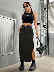 SHEIN PETITE Women's Side Slit Long Skirt - Black - View 3