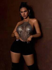 狂歡節搖滾晚會閃閃發光的鑽石裝飾無背心式連帽上衣,短款背心上衣 - 黑色 - 查看 4