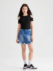 SHEIN Teen Girl Knitted Solid Color Open Shoulder Casual Short Sleeve T-Shirt - Black - View 9