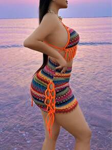 SHEIN VaVaLuxe 女士幾何印花拼接流蘇邊領口領帶背心 - 彩色 - 查看 3