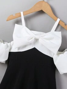 SHEIN Young Girl Cold Shoulder Puff Sleeve Dress With Bow, Black & White Party & Travel & Performance Hostess Dress,Holiday,Summer,Travel