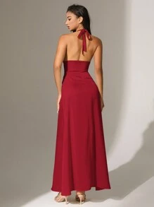 Anewsta Elegant Wine Red Backless Halter Neck Women's Dress - Burgundy - View 2