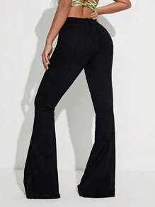 女式休闲纯色做旧喇叭牛仔裤 - 黑色 - 查看 2