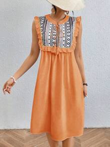 SHEIN LUNE Đầm không tay in họa tiết hình học với viền xếp nếp và trang trí. - Màu Cam san hô - Xem 6