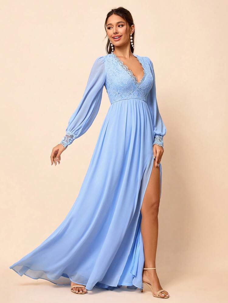Long Sleeve High Slit Wedding Dress, Wedding Guest Dress