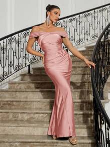 SHEIN Belle 女士正式晚礼服（厚重工艺）扭纹设计，美人鱼下摆露肩正式舞会礼服，优雅舞会婚礼宾客礼服，毕业典礼、晚宴派对礼服 - 粉色 - 查看 5