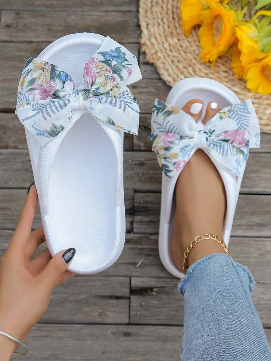 Summer Beach Holiday Slip-Resistant Thick Bottom Plastic Slippers, Simple & Versatile Lady Flip-Flops And DIY Bowknot Slippers, Random Print - White - View 1