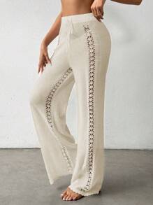 SHEIN Swim Summer Beach Solid Color Hollow Out Knitted Flared Cover Up Pants