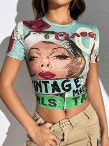 SHEIN EZwear 數字和字母印花緊身短款t恤 - 彩色 - 查看 3