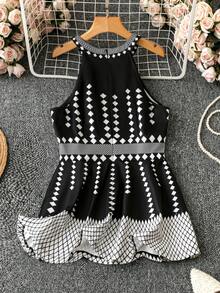 SHEIN Lady 大码露肩印花收腰时尚上衣 - 黑與白 - 查看 8