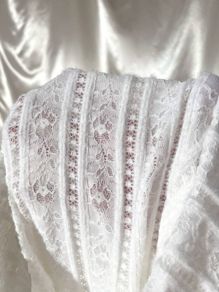 Women's Summer Music Festival Fashionable White Lace Flower Patterned Long Sleeve Dress