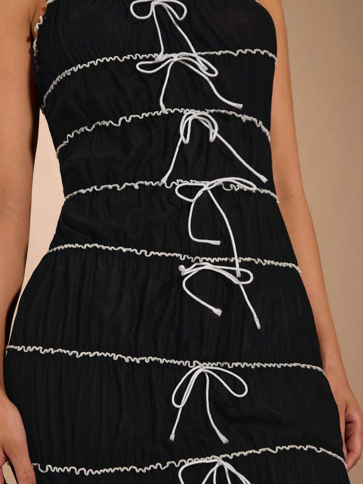 Black Mesh Perspective Combined With Contrast Color Wave Edge Bow Decoration Long Sexy And Elegant Dress