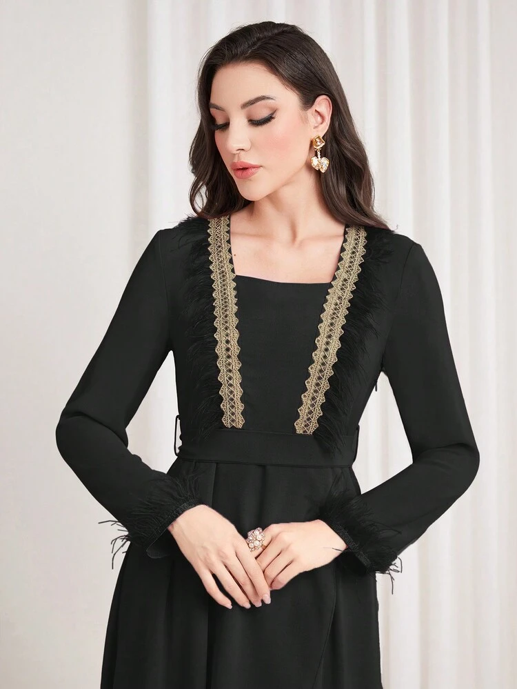 Patchwork Lace Trims & Ribbon Detail Square Neckline Belted Dress