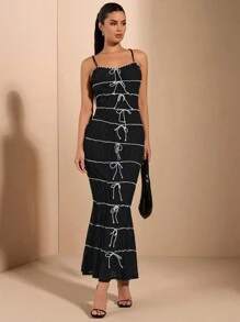 SHEIN BAE 黑色網眼透視與對比色波邊蝴蝶結裝飾長款性感優雅連身裙