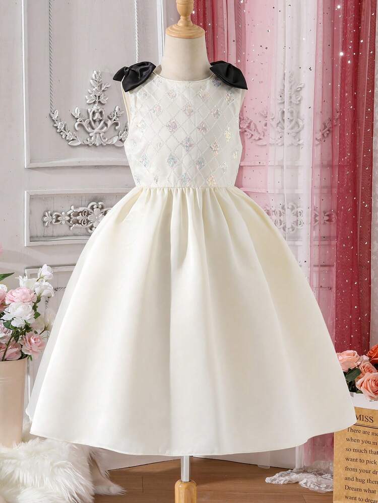 Tween Girl's Glittering Bowknot Decorated Sleeveless Dress