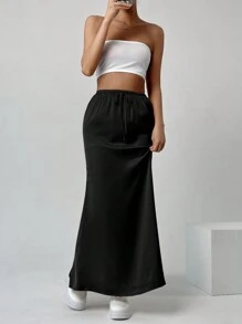 SHEIN EZwear Women's Mermaid Style Midi Skirt, Solid Color - Black - View 5