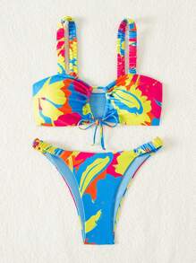 SHEIN Swim 女士时尚彩色弹力抽绳镂空比基尼泳装套装夏季 - 彩色 - 查看 5