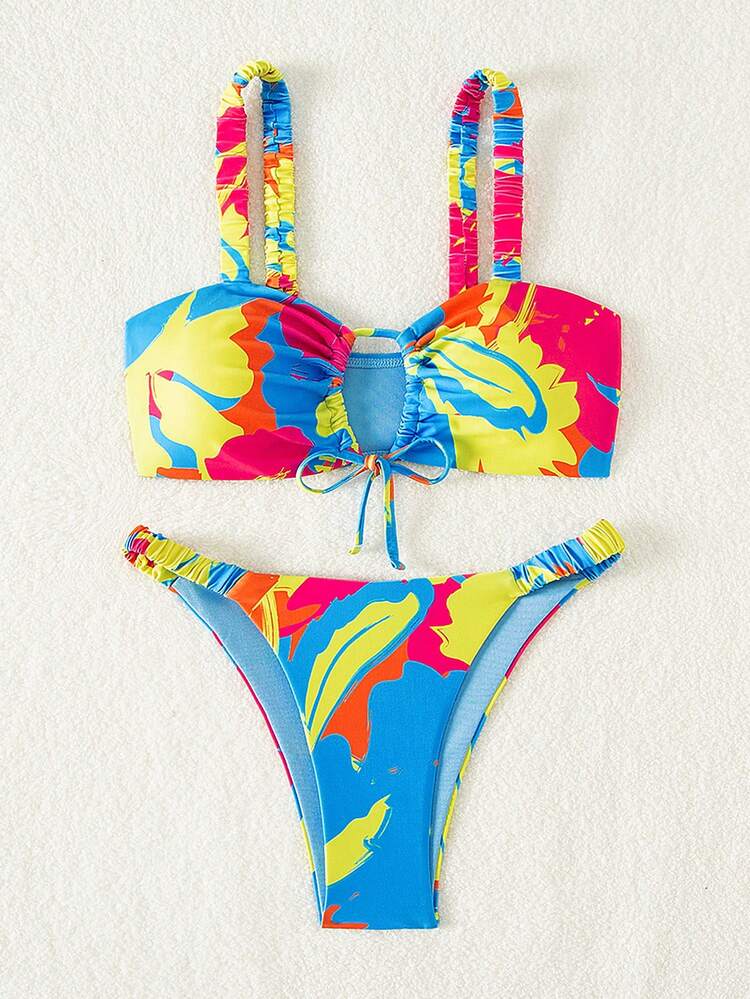 Women's Fashionable Colorful Elastic Drawstring Hollow Out Bikini Swimwear Set Summer
