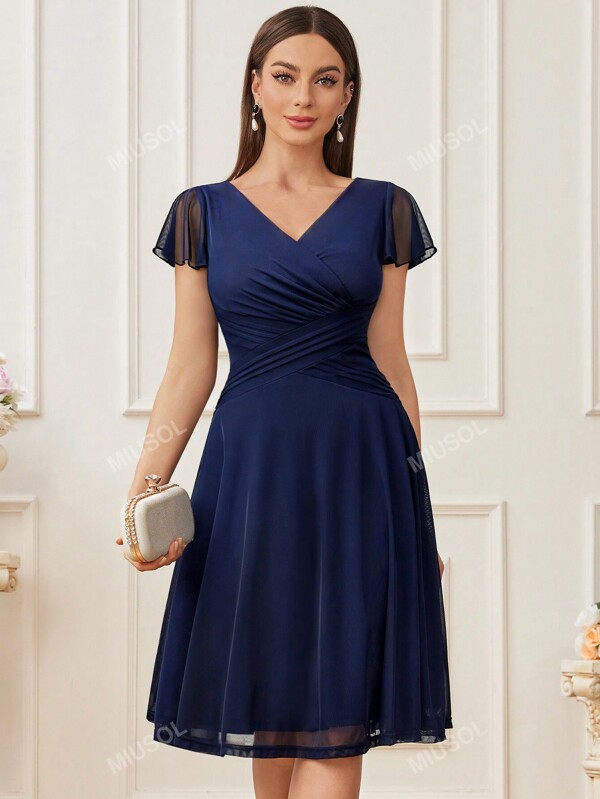 MIUSOL Surplice Neck Ruched Waist Overlay Cocktail Party Swing Dress