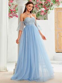 Open Shoulder Sweetheart Neckline Ruffle Sleeve Embroidered Detail Mesh Bridesmaid Dress - Blue - View 5
