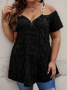 SHEIN LUNE Plus Size Women's Knitted Cami Cold Shoulder Jacquard T-Shirt - Black - View 1