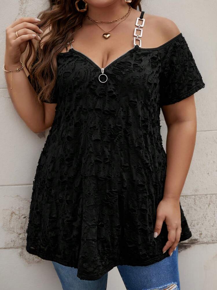 Plus Size Women's Knitted Cami Cold Shoulder Jacquard T-Shirt