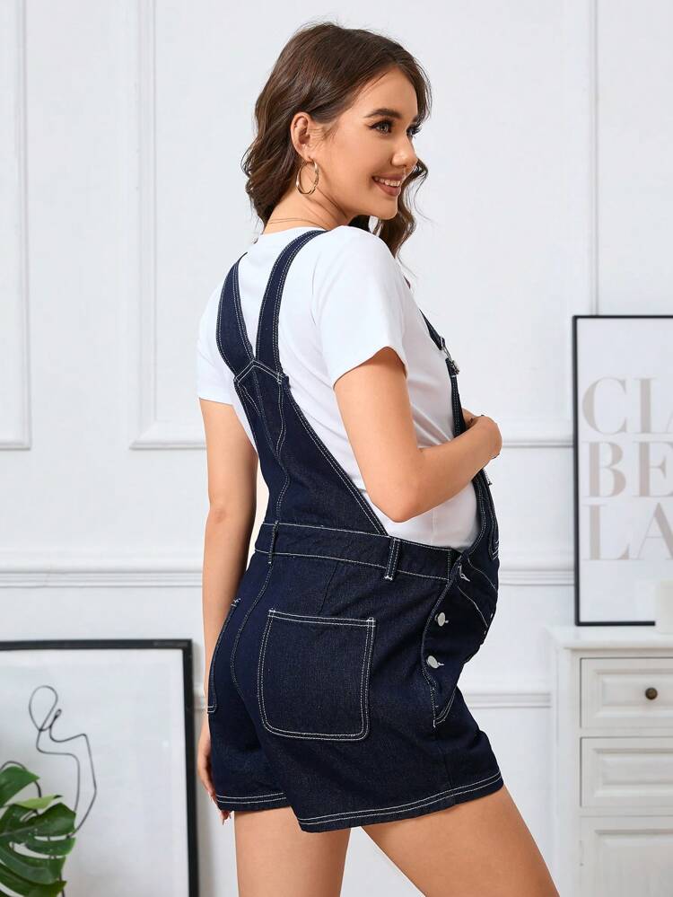 Maternity Denim Overall Shorts With Contrast Stitching
