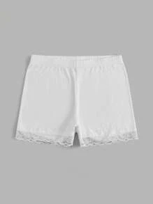 SHEIN EZwear Pantalones Cortos De Capa Base De Encaje De Talla Grande Para Mujer, De Color Sólido Y Con Parches - Blanco - Ver 3