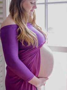 Maternity Off Shoulder Chiffon Long Sleeves Patchwork Split Front Maxi Photography Dress For Photoshoot - Màu tím - Xem 6