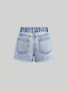 Girlism Quần short denim rách gấu thô phong cách boho cho bé gái tuổi teen, thích hợp mặc mùa xuân hè. - Rửa nhẹ - Xem 2