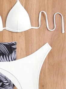 SHEIN Swim 3pcs/Set Ladies' Halter Neck Bikini Set, With Cover Up, Vacation Bikini Set Summer Beach - Multicolor - View 7